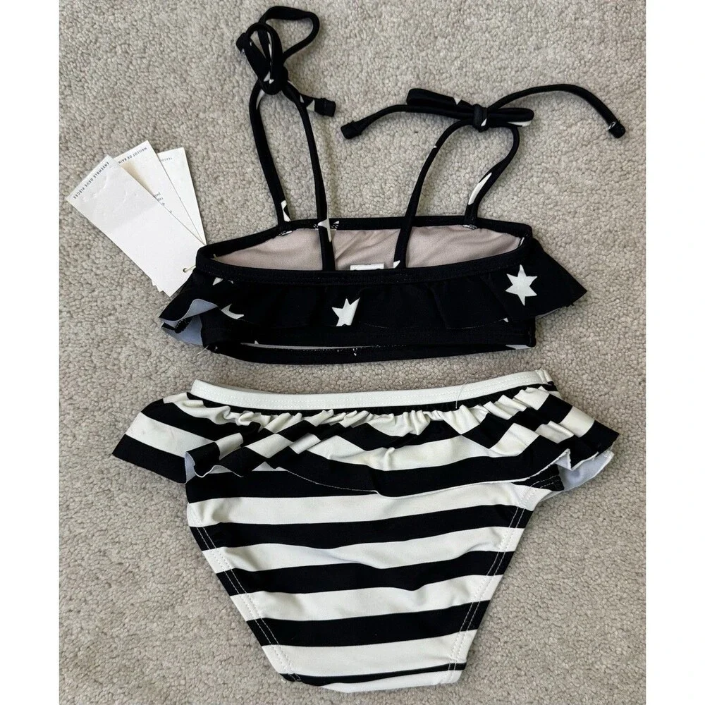 NWT's Tea Collection 2T Ruffle Bikini Swimsuit Black/Cream Stars and Stripes